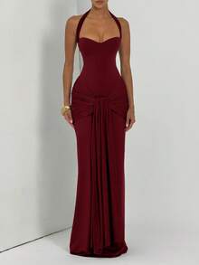 Halter Heart Neckline Ruched Tie Front Slim Fit Bodycon Maxi Dress, Elegant Slim Fit Long Dress, Suitable For Wedding Guest, Cocktail Party, Formal Dinner, Date Night, Autumn - Burgundy - View 8