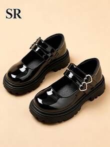 Girls' Shiny Thick Sole Mary Jane Shoes, Heart Buckle Double Strap Fashion Shoes, Suitable For Daily And School Wear, School Essential - Black - View 5