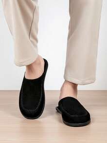 Men's Wide Toe Box Suede Mule Loafers, Half-Slip-On Closed-Toe Vintage Style, Soft Faux Suede Velvet Texture, Low-Key Premium - Black - View 5