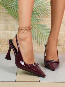 Women's Burgundy Patent Pointed Toe Slingback Sandals, Rhinestone Bow Decor Back Strap, Vintage Flared Heel Closed Toe Dress Heels - Burgundy - View 5