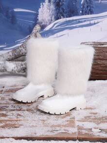 1 Pair Autumn/Winter New Fluffy Long Fur Decor Shiny Warm Comfortable Round Toe Back Zipper Design Mid-Calf Classic Kids Boots - White - View 3