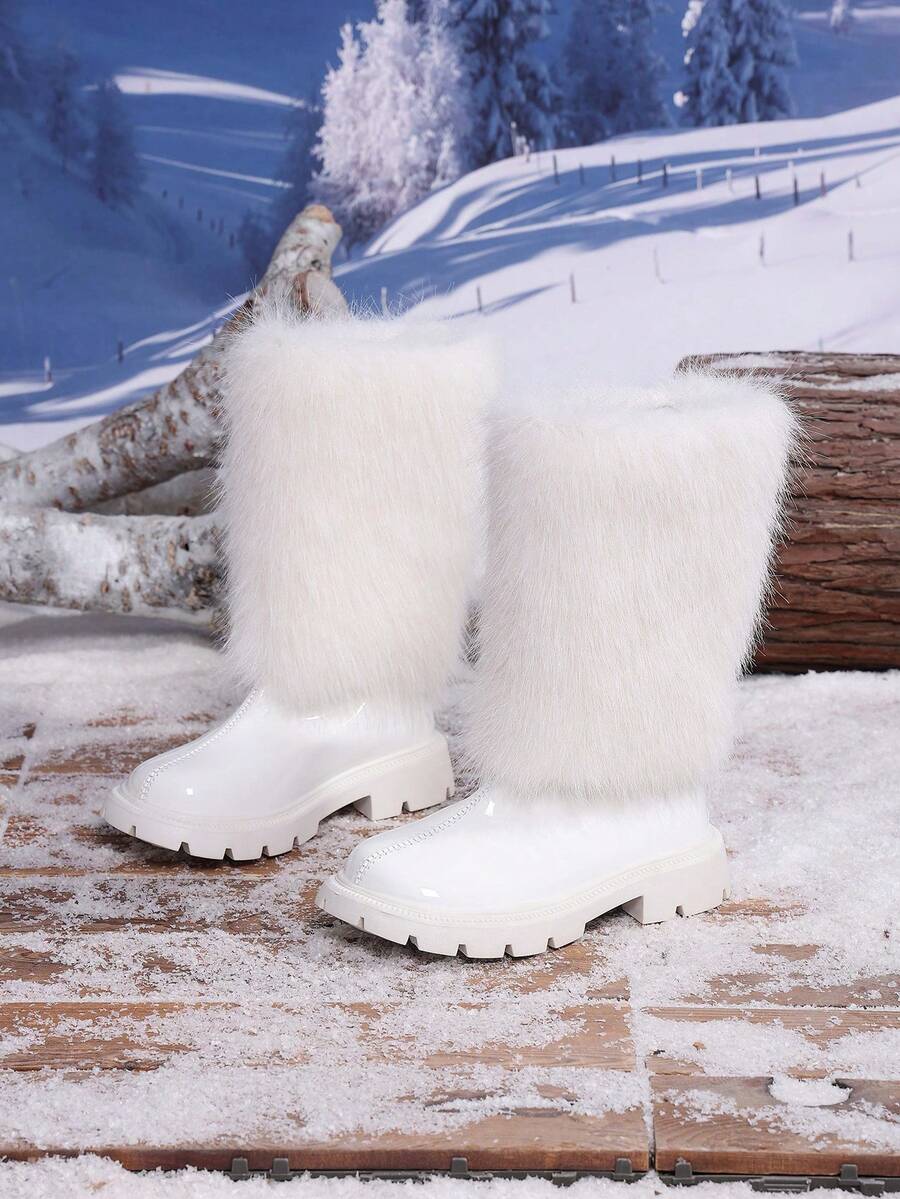 1 Pair Autumn/Winter New Fluffy Long Fur Decor Shiny Warm Comfortable Round Toe Back Zipper Design Mid-Calf Classic Kids Boots - White - View 1