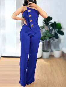 ChicMe Asymmetrical Strapless Jumpsuit With Metal Button Decor - Blue - View 4