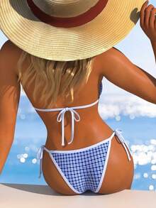 Summer Plaid Triangle Cup Bikini, Small Bust Push-Up Halter Tie Neck, Slimming Bikini For Hot Spring, Beach, Party, Vacation - Multicolor - View 3