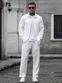Men's Solid Color Long Sleeve Shirt And Pants Casual Daily Outfit - Apricot - View 1