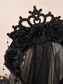 1pc Gothic Crown Veil Headband, Artificial Rose Flower Headband, Dark Vampire Cosplay Hair Accessory, Suitable For Halloween, Christmas Costume Party, Formal Ball (17*56cm/6.69*22.05in) - Crown Veil - View 10