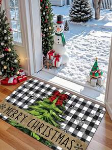 1pc Xmas Black & White Plaid Christmas Tree Bow & Snowflake MERRY CHRISTMAS Pattern Doormat, Machine Washable - Perfect For Entryway, Living Room, Bedroom, Kitchen, Hallway, Bathroom, Patio Decor, Entrance Decor, Room Decor, Christmas Decor - A - View 6
