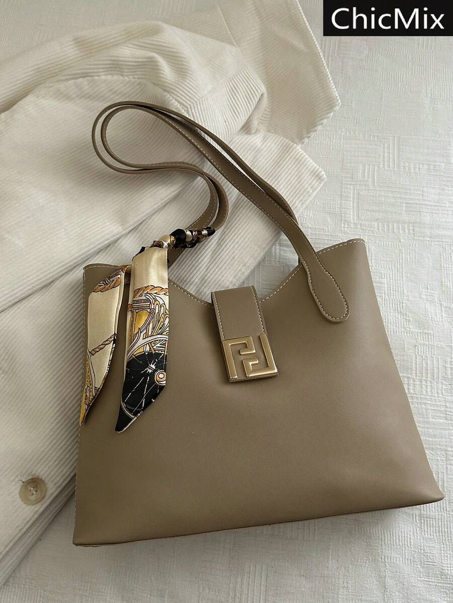 1pc PU Shoulder Bag With Scarf Decor, Large Capacity, Lightweight And Versatile, Suitable For Commuting