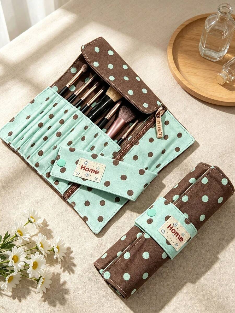 1pc Polka Dot Makeup Brush Storage Bag, Vintage Canvas Roll-Up Design With Snap Button And Zipper Multi-Compartment, Portable Cosmetic Tool Organizer Bag, Suitable For Travel, Daily And Outdoor Use