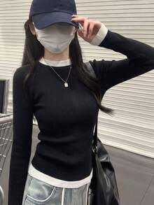 秋季新款拼色圓領 2 合 1 羊毛針織毛衣，修身顯瘦內層打底毛衣 - 黑色 - 查看 2