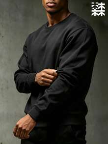 mulinsen Men's Outdoor Thick Fleece Crew Neck Sweatshirt, Solid Color Minimalist, Comfortable Skin-Friendly Warm Top - Black - View 4