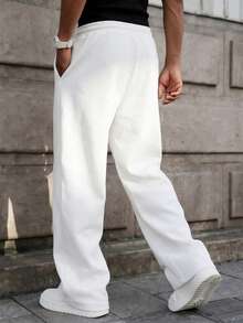 Men's Drawstring Waist Loose Wide Leg Casual Sweatpants, Autumn/Winter White Spring Sports, For Him Fall - White - View 5