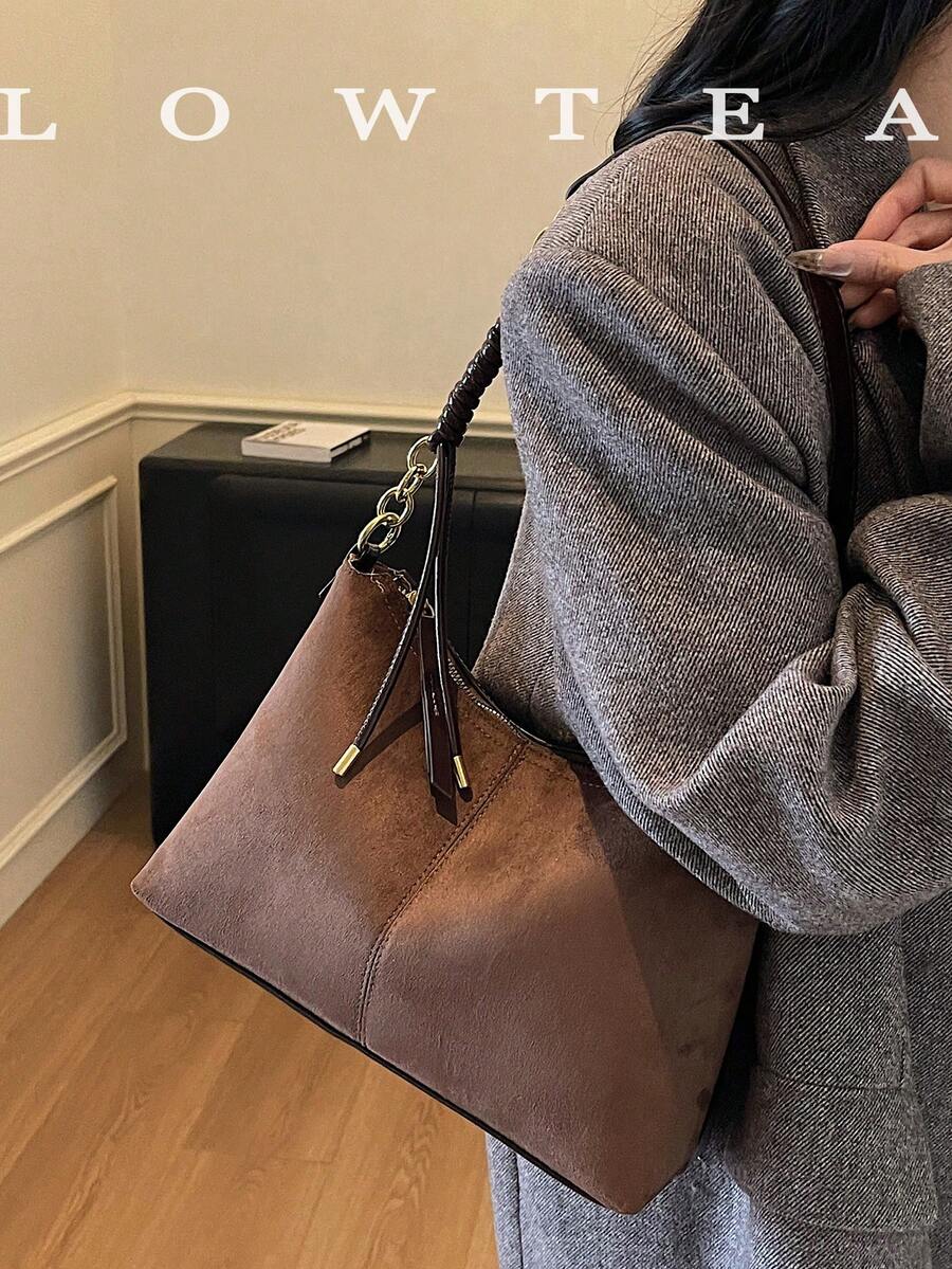 low tea 1pc Minimalist Crescent-Shaped Suede Fabric Shoulder Bag, Suitable For Commuting, Shopping And More
