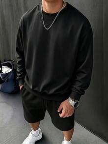 Men's 240g Pure Cotton Solid Round Neck Sweatshirt, Casual Long Sleeve Minimalist Everyday Pullover Top - 黑色3 - 查看 10