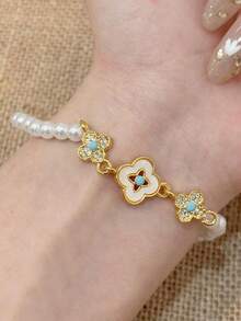 1pc Elegant Metal Beaded Bracelet With Pearl And Floral Pendant, Turquoise Accents, Versatile Daily Jewelry Gift For Women - Beaded Bracelet - View 5