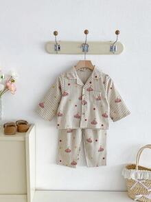 Miniweenns 2pcs/Set Unisex Baby Striped Base Long Sleeve Outfit, Collar + Buttons + Pockets, Circus Star Print - Khaki - View 4