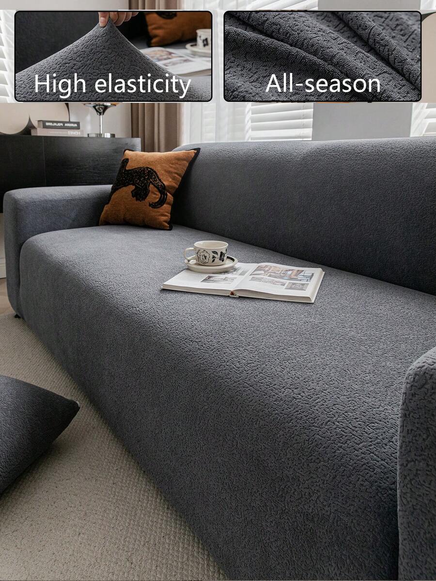 1pc Jacquard Striped 3D Textured Elastic Semi-Cover Sofa Seat Cushion Cover, Minimalist Pet-Friendly All-Season Use, Holiday Decor Old Sofa Decoration, Single Seat 2-Seater 3-Seater 4-Seater L-Shaped Sofa Cover - Dark Grey - View 1