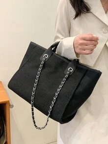 1件時尚純色帆布鏈條托特包，大容量手提包/肩背包，通勤/購物/休閒通用女包，適合女性/白領/年輕人，適用於日常通勤/購物 - 黑色 - 查看 6