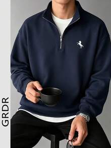 GRDR Sudadera ligera de estilo casual de negocios azul marino con media cremallera y cuello alto, estampado minimalista de caballo blanco en el pecho izquierdo, top de manga larga tipo pullover - Azul Marino - Ver 3