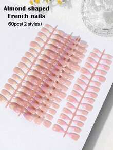 60pcs (2 Styles) Long Almond Shape Macaron Color Press-On Nail Stickers, Acrylic Fake Nails - Multicolor - View 3