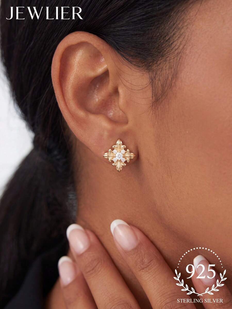 1 par de pendientes de botón cruzados con flor de iris de plata de ley 925 elegantes para mujer, pendientes pequeños y delicados, joyería decorativa elegante para uso diario para niñas
