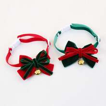 2pcsChristmas Velvet Bow Tie Pet Collar With Golden Jingle Bell, AdjustableFestive Neck Accessoryfor Cats And Small Dogs Holiday Photos And Party Wear - Green + Red - View 1