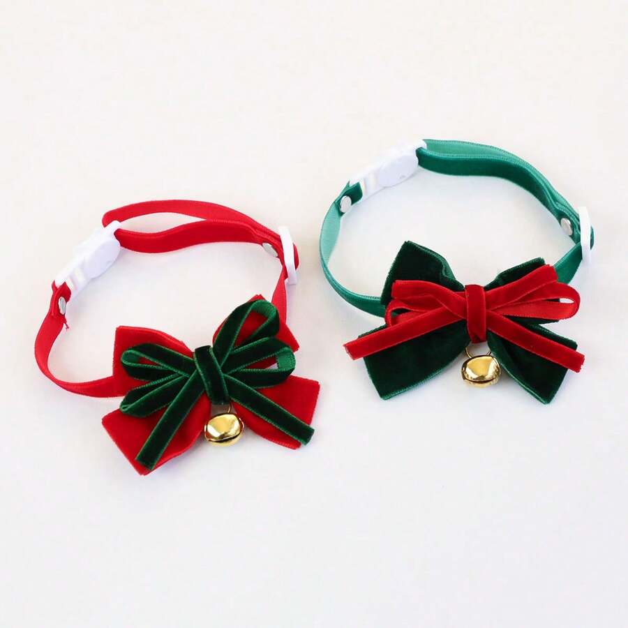 2pcsChristmas Velvet Bow Tie Pet Collar With Golden Jingle Bell, AdjustableFestive Neck Accessoryfor Cats And Small Dogs Holiday Photos And Party Wear - Green + Red - View 1