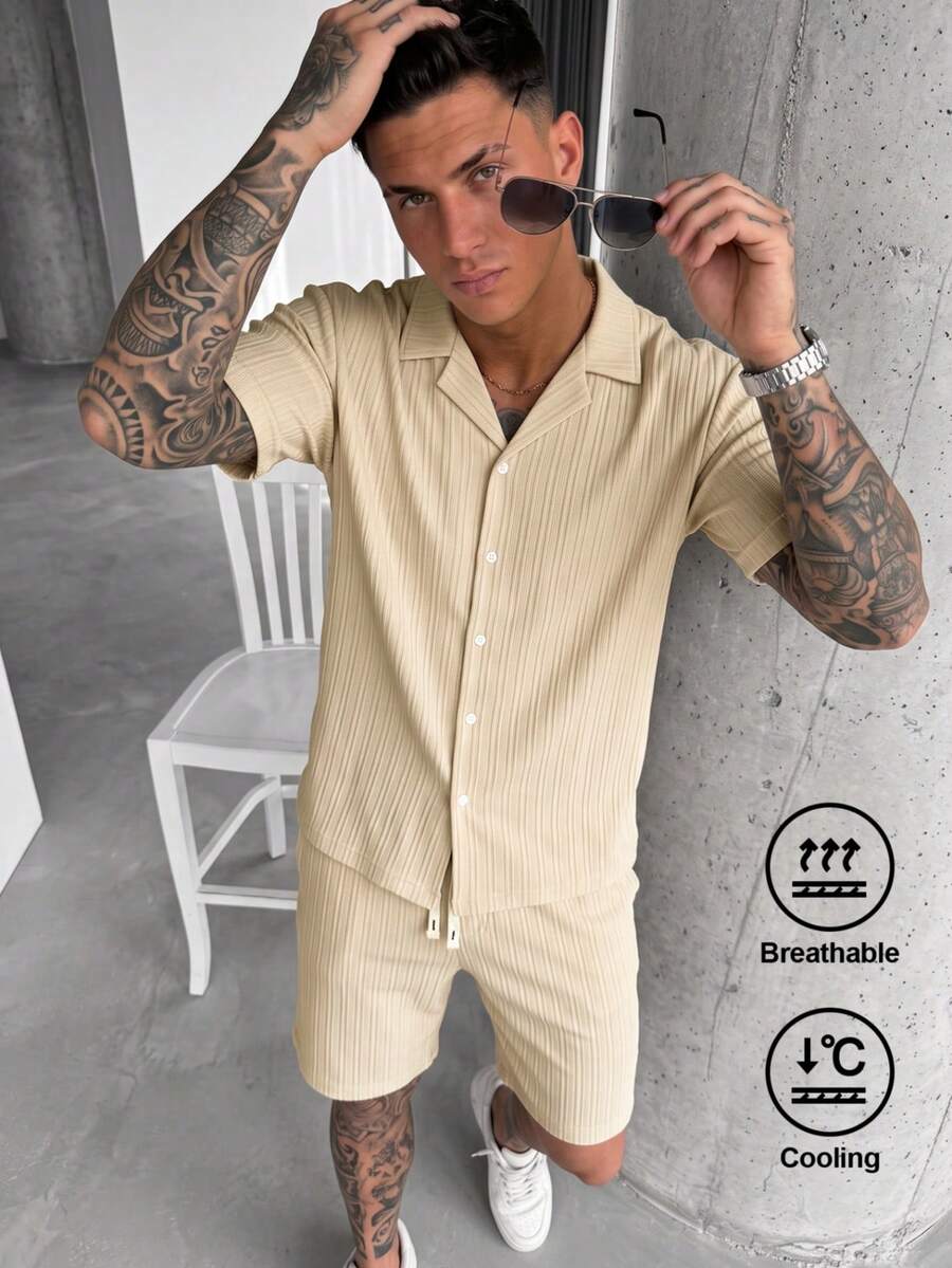YUNCHIC Men's Vertical Ribbed Texture 2 Pieces Set, Cuban Collar Short Sleeve Button-Up Shirt And Drawstring Shorts Outfit, Summer Casual Vacation Sportswear - Khaki - View 1
