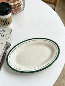 1 buah Piring Vintage Line, Piring Oval Berbingkai Hijau Dua Garis Kapasitas Besar, Peralatan Makan Kue Teh Sore, Piring Keramik untuk Makanan Penutup dan Buah - MultiWarna - View 4