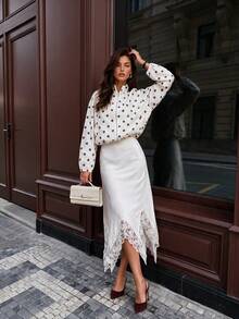 Women's White Satin Mid-Length Skirt, Lace Asymmetrical Hemline Inner Skirt, Paris Style Vintage Romantic Old Money Luxury High Waist Skirt For Autumn/Winter - White - View 2