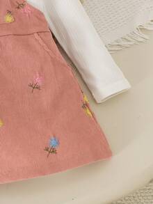 2pcs Set Baju Terusan Bayi Perempuan Lucu Lengan Panjang Bergaris dan Gaun Terusan Korduroi Bordir, Ringan untuk Musim Semi dan Gugur - Putih - View 6