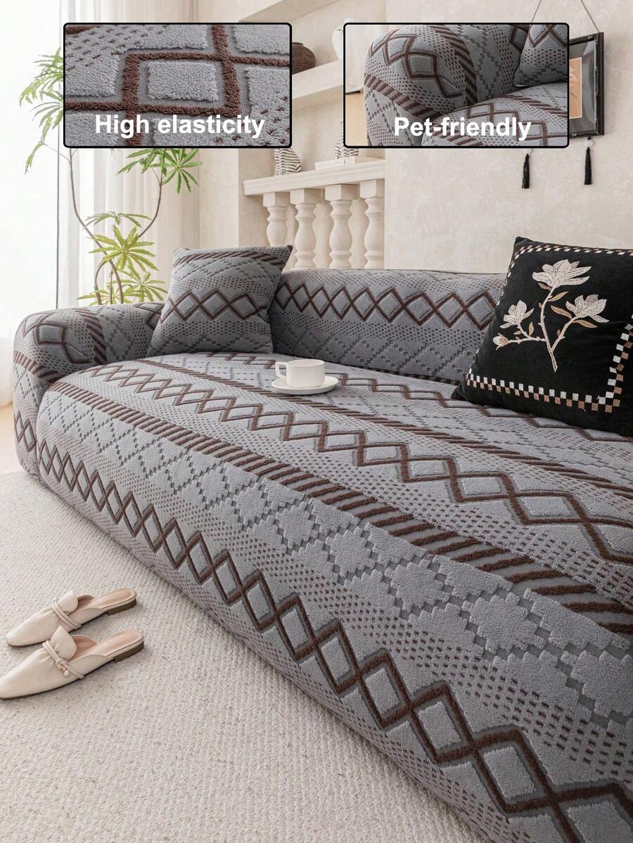 1pc Cationic Dual-Color Elastic Sofa Cover, Machine Washable, Non-Slip Sofa Protector, Suitable For Living Room, Fits 1-4 Person Sofa, Solid Color Textured Fabric, All Season, Living Room Essential | Minimalist Sofa Cover | Fitted Sofa Cover - Dark Grey - View 1
