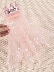 1pc Happy Birthday Crown Headband, Sparkly Pink Tiara With Shimmer Printed Tulle Veil, Sweet Princess Hair Hoop For Birthday Party Photoshoot Decor - Multicolor - View 9