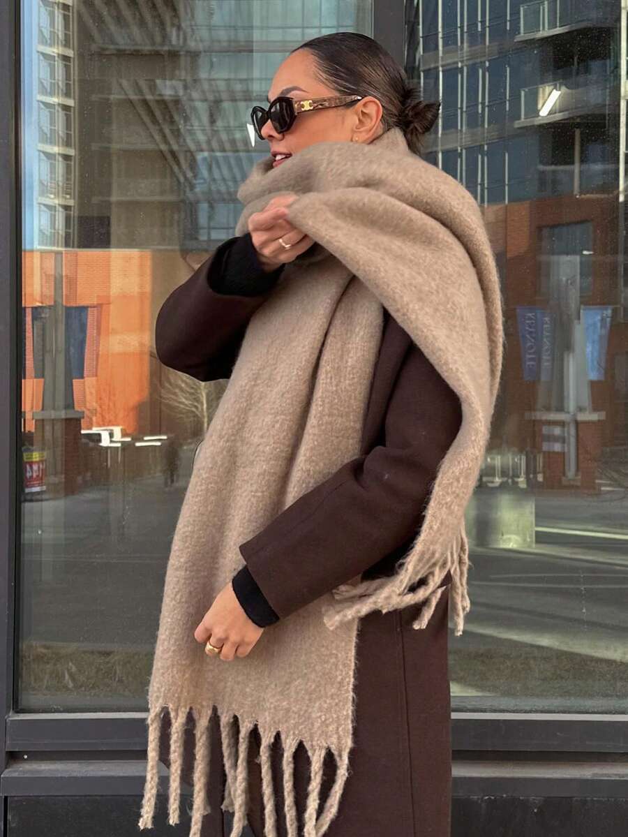 1pc Women's Autumn/Winter White Solid Color Versatile Preppy Style Elegant Thick Faux Fur Warm Scarf, Suitable For Cold Weather Shopping And Outfit - Cold Brown - View 1