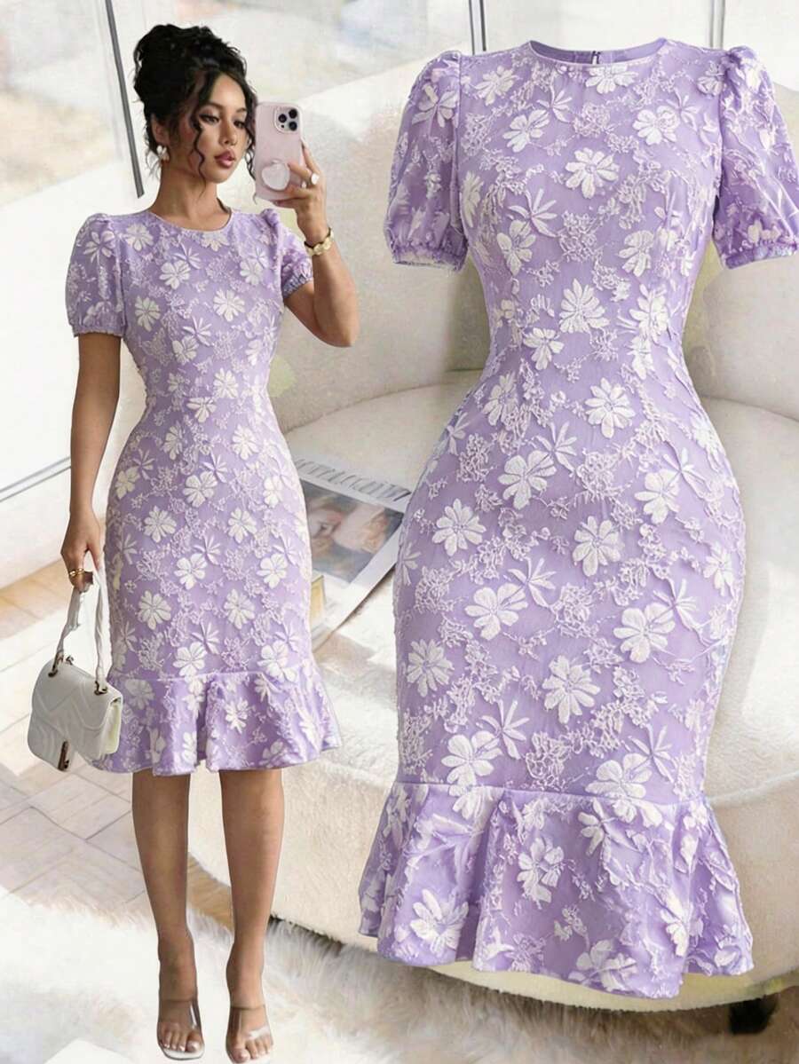 Women's Elegant Jacquard Round Neck Puff Sleeve Fitted Dress, Suitable For Commuting And Daily Wear, Women's Dress, Women's Elegant Dress