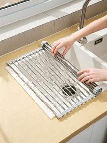 1Pc/2Pcs Foldable Metal Sink Drying Rack, Silicone Wrapped Edges To Prevent Scratches, Retractable Storage Draining Basket For Dishes, Fruits And Vegetables, Easy Installation, Suitable For Draining And Storage Above Kitchen Sink. - Random Color - View 5