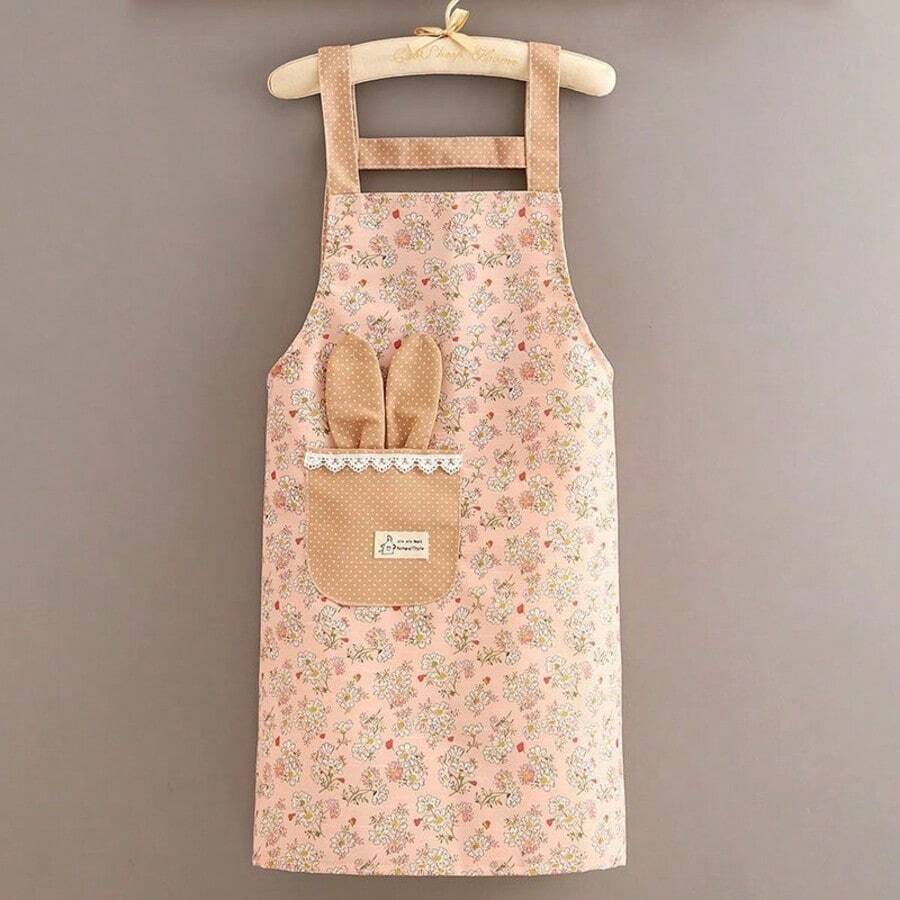 1pc Cute Shoulder Strap Canvas Apron, Waterproof Oil-Proof Breathable Work Uniform Waist Apron, Restaurant Server Uniform, Stain-Resistant Restaurant Chef Apron Coverall, Kitchen Supplies - Multicolor - View 1