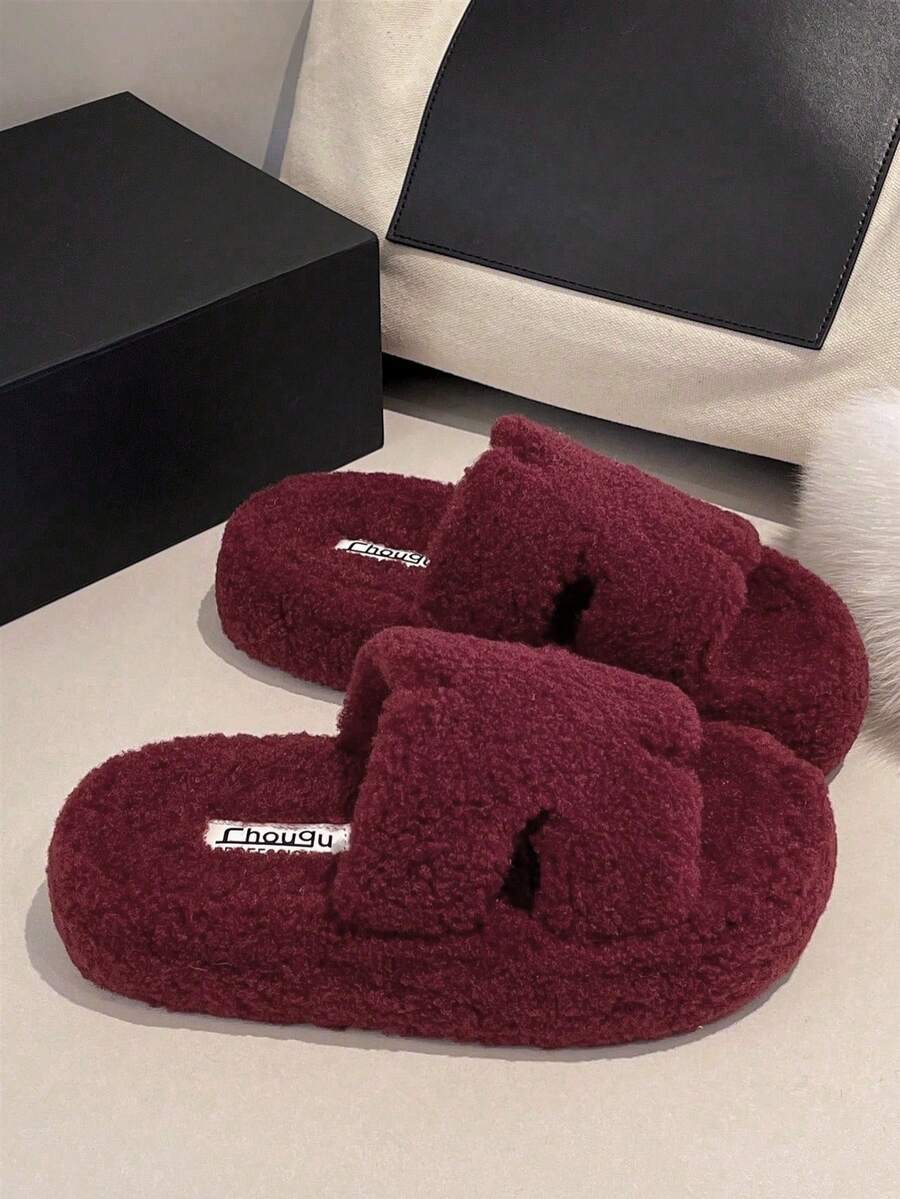 Women's New Winter Thick Sole Fur Slippers, Outdoor Wear, Autumn New Fairy Style Petite Slouchy Height-Increasing Slippers, Spring/Autumn Indoor Home Office Slippers, 4CM - Red - View 1