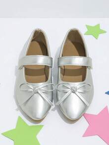 Girls' Silver Shiny Bow Mary Jane Flats, Gentle Sweet Princess Style, Suitable For All Seasons, School And Party Wear - Silver - View 2