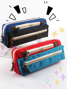 1pc Colorblock Patchwork Double Layer Zipper Pencil Case, Large Capacity Oxford Fabric Waterproof Stain-Resistant Student Stationery Storage Bag, Multiple Colors Available, Simple Durable Pencil Pouch - Multicolor - View 9
