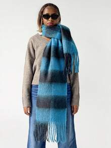 1PcWomen Fuzzy Mohair Texture Plaid Fringe Scarf, Oversized Color Block Check Winter Warm Neck Wrap Shawl - Blue-black - View 3