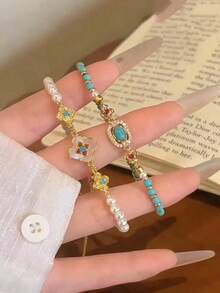 1pc Elegant Metal Beaded Bracelet With Pearl And Floral Pendant, Turquoise Accents, Versatile Daily Jewelry Gift For Women - Beaded Bracelet - View 4
