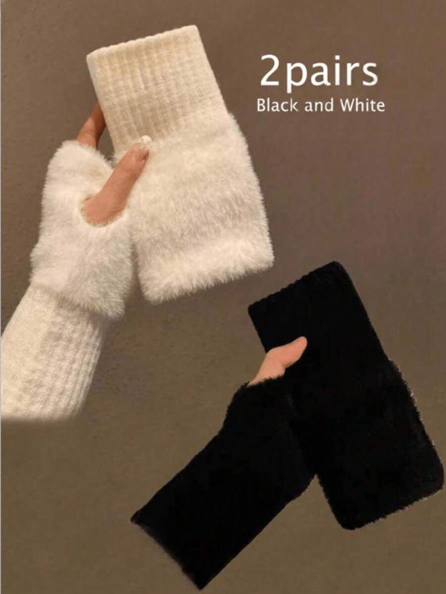 2 Pairs Women's Winter Half-Finger Gloves, Warm Knitted Fingerless Gloves - Multicolor - View 1
