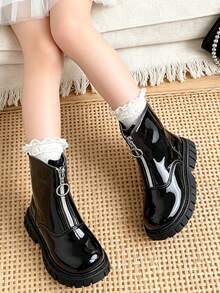1 Pair Kids' Minimalist Straight-Leg Ankle Boots With Round Ring Front Zipper Design, Suitable For Formal Occasions, Daily Commute, Outdoor Activities, Autumn/Winter - Black - View 1