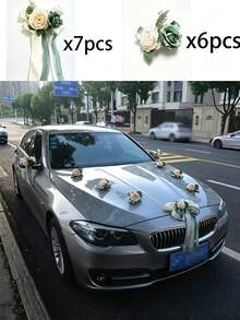 13件大朵玫瑰花（附吸盤）汽車裝飾，適用於婚禮後視鏡裝飾、緞帶禮品、居家婚禮派對走道椅背裝飾 - 13pcs車花 - 查看 13