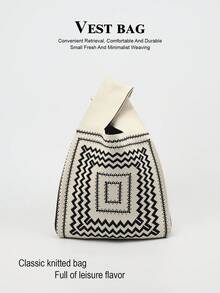 Mini Lightweight Foldable Cute White Resin Hollow Breathable Colorblock Knitted Handbag Wrist Bag Crochet Vacation Outfit Photo Student School Girls - White - View 7