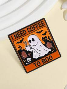 1pc Halloween Ghost Coffee Enamel Pin, "I Need Coffee To Boo" Funny Quote Badge, Cemetery Cat Bat Design, Gift For Friends - Multicolor - View 6