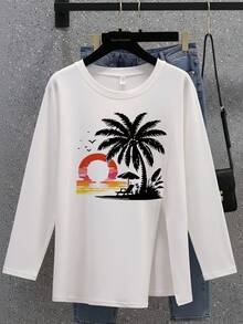 Women's Vintage Gradient Sunset Island Coconut Scene Print Long Sleeve T-Shirt, Loose Drop Shoulder Comfortable Casual Commute Base Layer - White - View 3