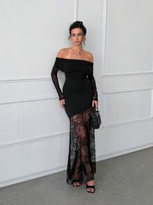 Women's Autumn Black Lace Patchwork Off-Shoulder Long Sleeve Dress, Party, Back To School, Holiday - Black - View 7