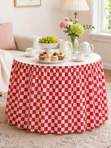 1pc Red & White Plaid Polyester Table Skirt, Farmhouse Style Rectangular Buffet Table Decor With Elastic Ruffle Edge, Suitable For Picnic, BBQ, Birthday Party, Wedding, Dessert Table And Holiday Decoration - Multicolor - View 8